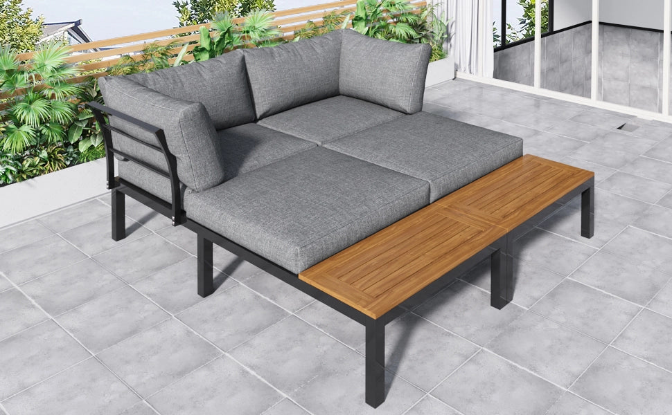 Set salotto giardino: 2 Divanooi 2 posti + 2 tavolini + 1 tavolo; piano acacia; cuscini tessuto; grigio