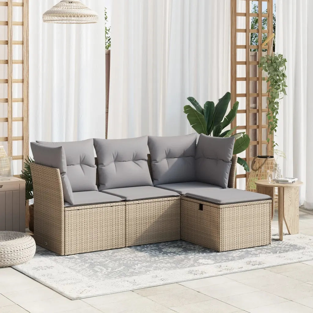 Set Divano da Giardino 4 pz | Set Salotto da Giardino con Cuscini Beige Misto Polyrattan