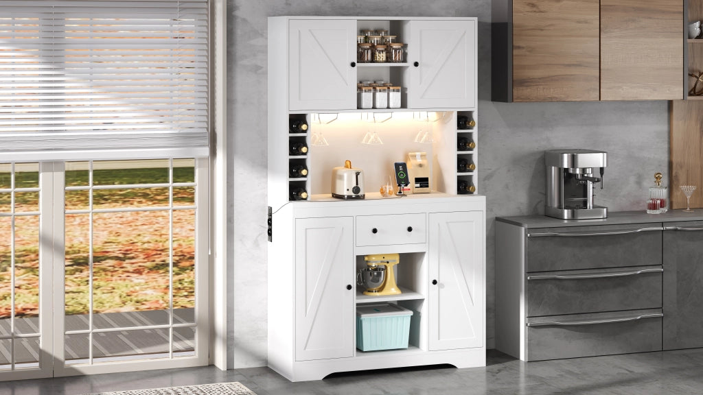 Credenza da cucina alta 180x105x40 cm con LED RGB, prese integrate, ripiani regolabili e cassetto