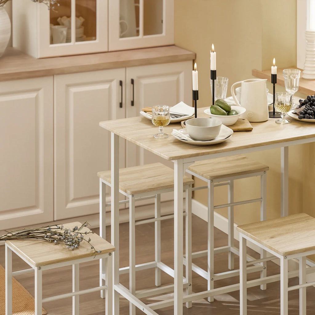 Set 5 Pezzi Tavolo con 4 sgabelli Mobile Bar per casa Stile Industriale L100*P60*A87 cm Bianco OGT11-WN