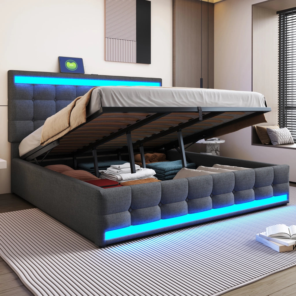 OKWISH Letto Contenitore 180×200 cm, Letto Matrimoniale con LED RGB Regolabile, USB e Testiera Regolabile, senza Materasso, Grigio