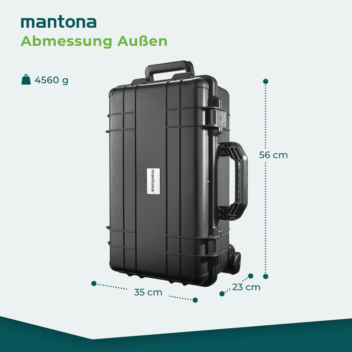 Mantona Outdoor Trolley fotografico nero, impermeabile, antiurto, antipolvere e impilabile, Valigia rigida imbottita in schiuma, per attrezzature fotografi e oggetti di valore