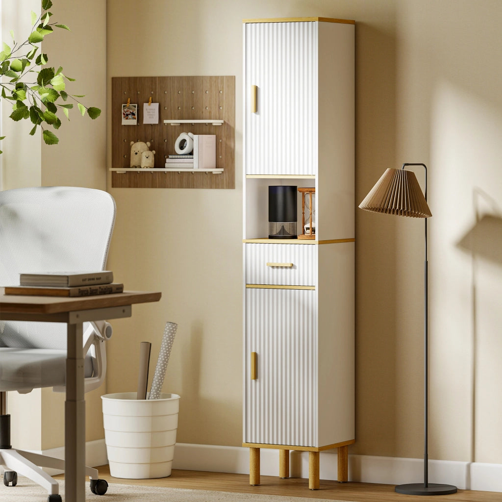 Mobile a Colonna Bagno Canettato 31,5x29,7x171,5 cm con Cassetto e Ripiani Regolabili in Legno Bianco