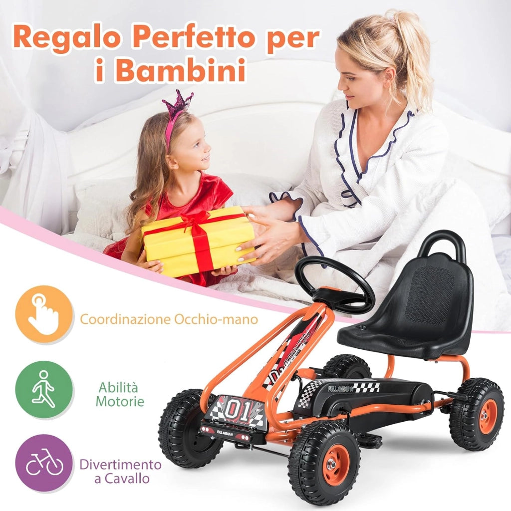 Go Kart a Pedali per Bambini, Go Kart Veicolo con Sedile Regolabile e Freno a Mano, per Bambini 3-6 Anni, Portata Massima 30 kg (Arancia)
