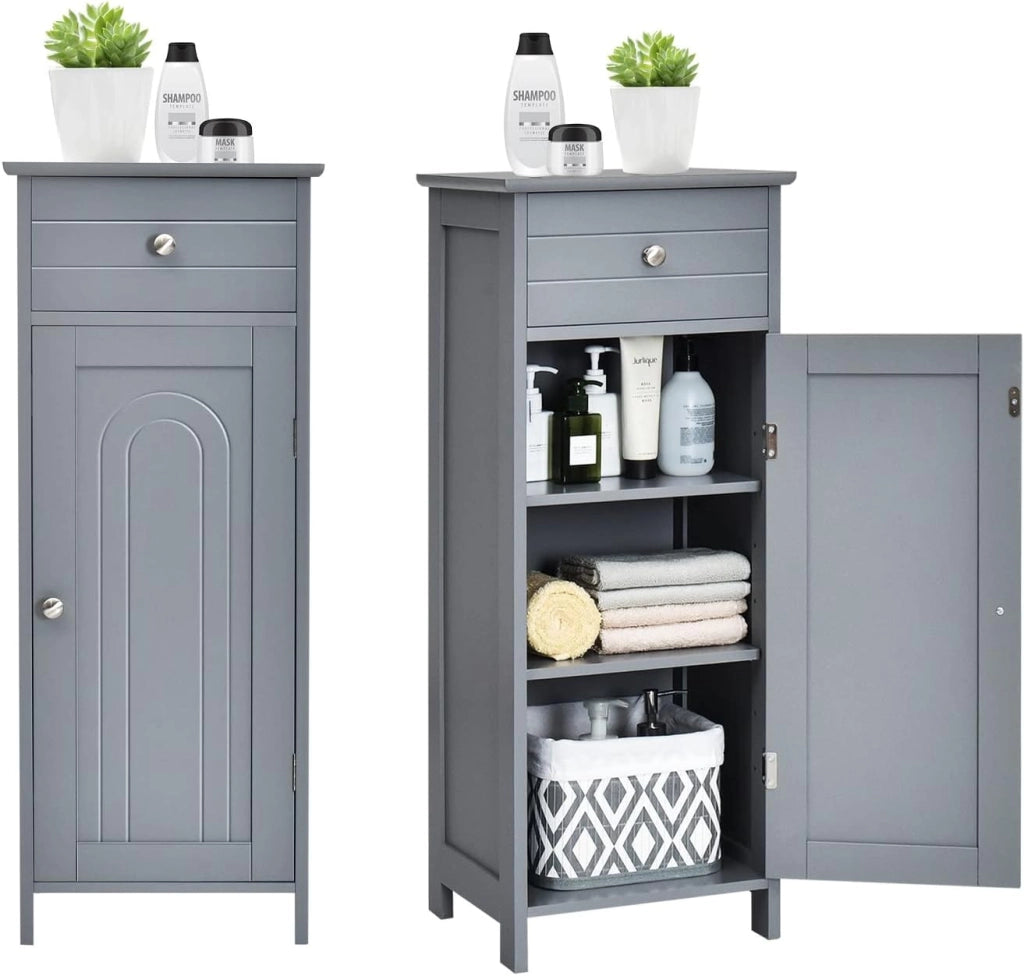Armadietto Bagno da Terra, Mobiletto a 3 Ripiani con Anta, Cassetto, Manico, Spazio Interno Flessibile, Compatto e Salvaspazio, 35,5x30,5x88 cm, Bianco/Marrone/Grigio/Nero