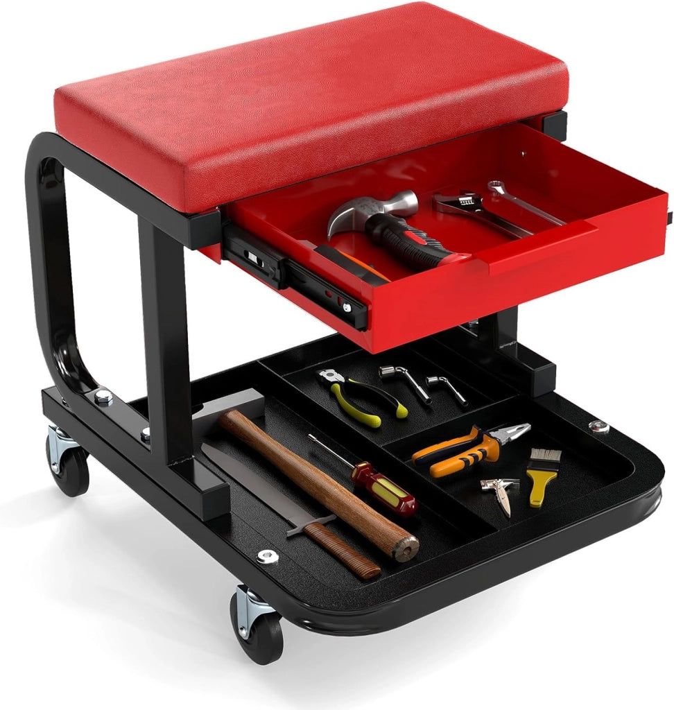 COSTWAY Sgabello da Officina con Ruote, Sedia Meccanico Imbottita con Cassetto e Vassoio Portautensili, capacità di 185 kg, per Riparazione Auto, per Garage e Officina (Nero)
