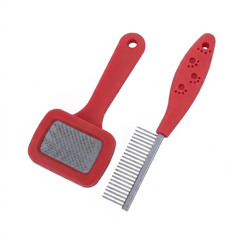 Kit Toelettatura per Cani e Gatti con Spazzola Cardatore e Pettine a Denti Stretti, Rimozione Pelo Morto e Sottopelo, Accessori Grooming Professionale Rosso