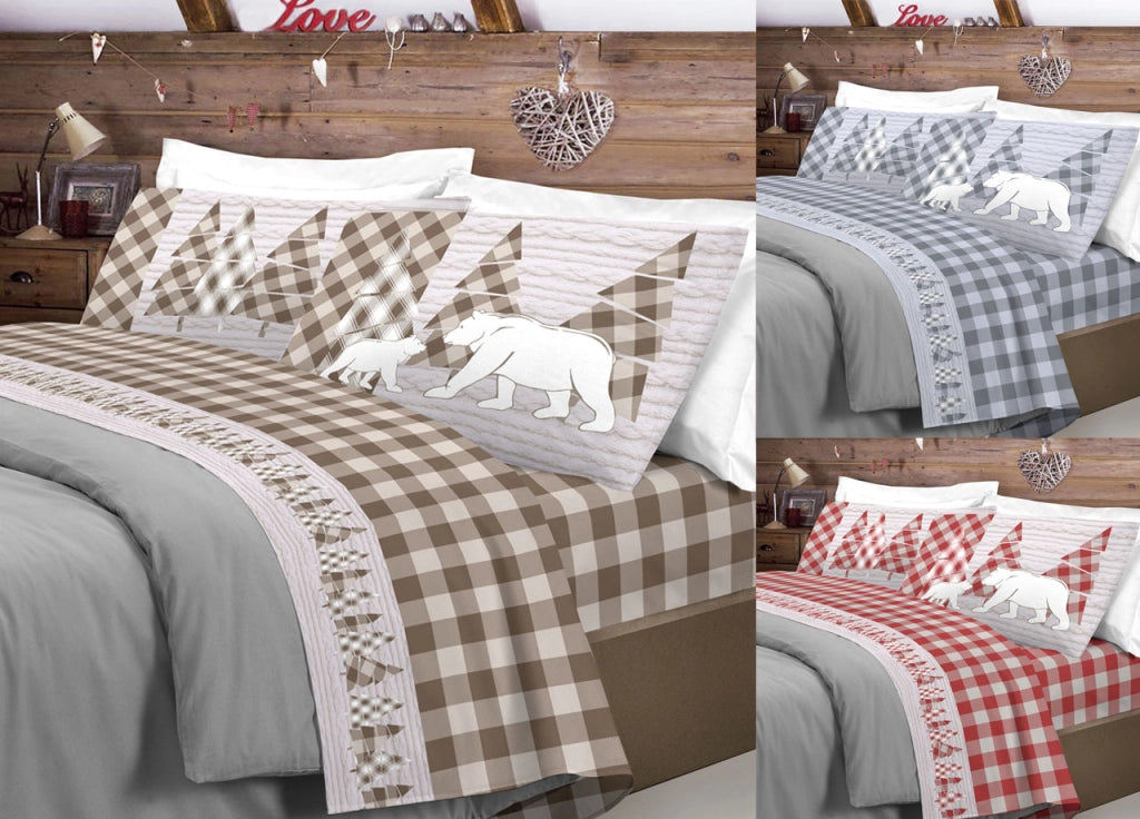 Completo Lenzuola Flanella Pensieri Delicati 100% Cotone Disegno Canada - Matrimoniale - Beige