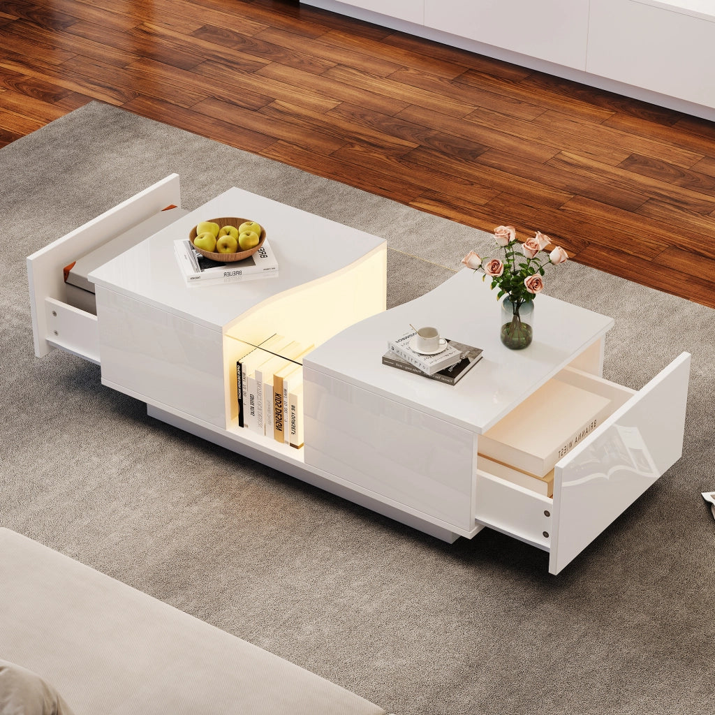 Tavolino da caffè moderno bianco lucido con LED, 100 x 50 x 35 cm, con 2 cassetti e piano in acrilico, struttura in MDF