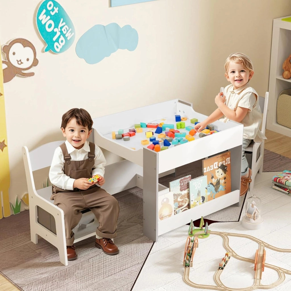 Set da tavolo e sedie per bambini, Tavolo attivit¨¤ 4 in 1 con piano reversibile Grigio-Tavoli e sedie
