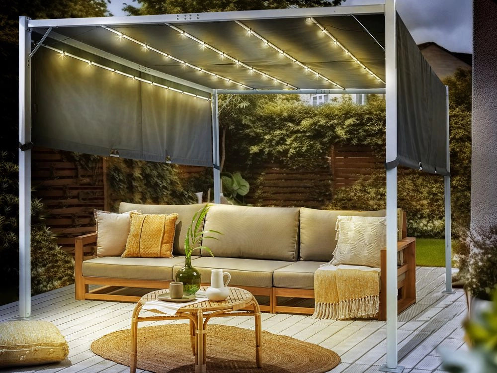 Gazebo in metallo e poliestere grigio con luci LED 310 cm pergola padiglione da giardino