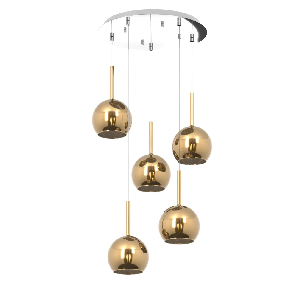 Lampadario Contemporaneo Future Metallo Cromo Vetro Oro 5 Luci E27