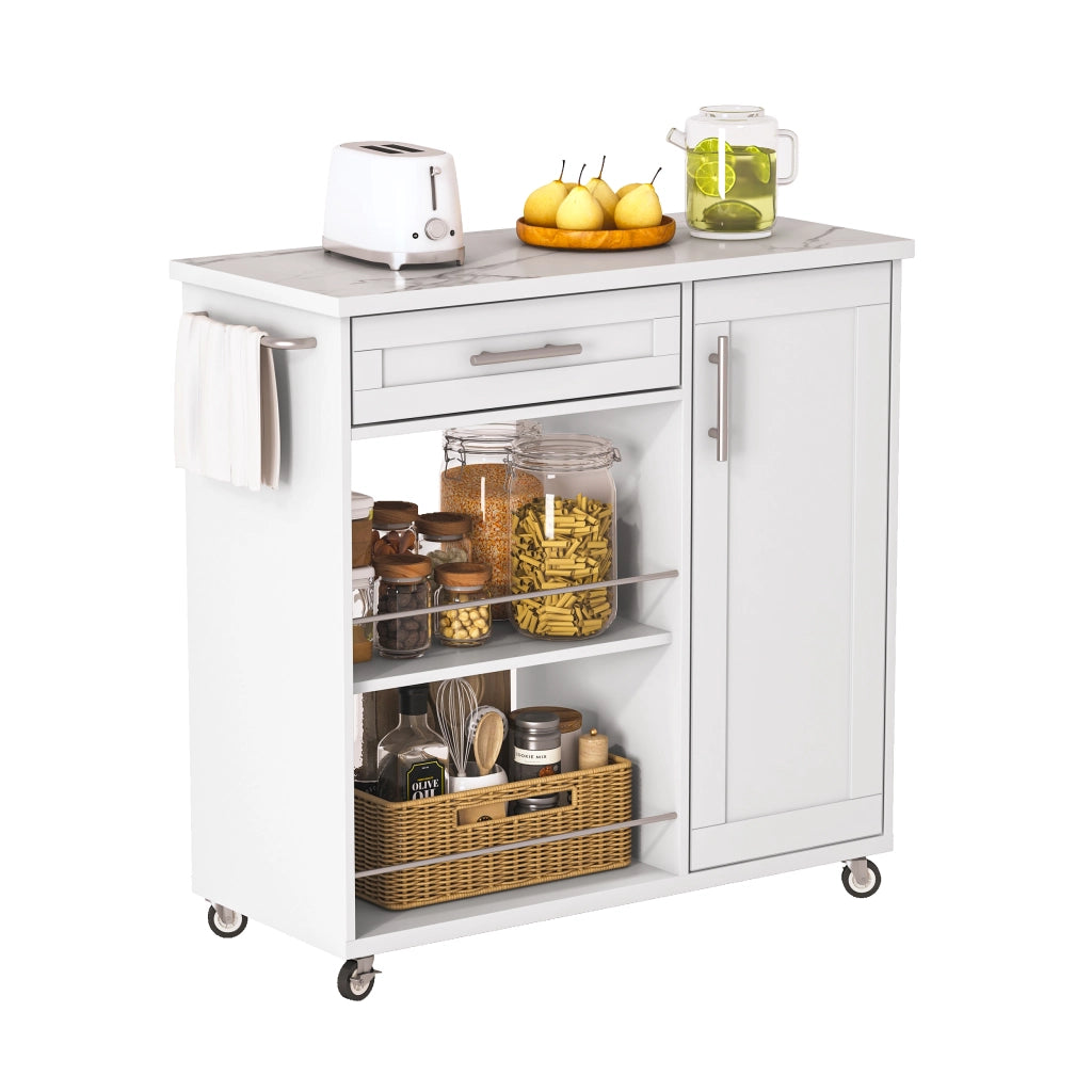 Carrello da cucina bianco con piano effetto marmo, cassetto, armadietto e ripiani aperti, mobile con ruote bloccabili, 90x62x90 cm