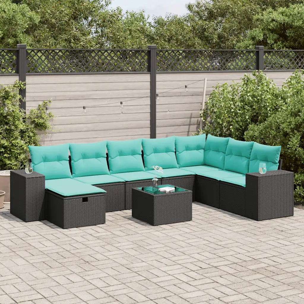 Set Divani da Giardino 9 pz con Cuscini Nero in Polyrattan
