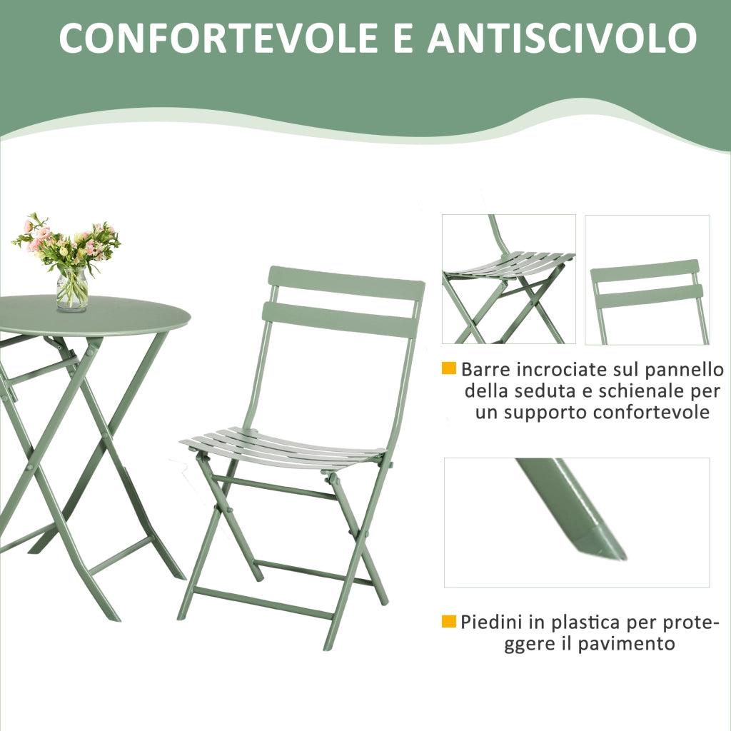 Set da Giardino 3 Pezzi Pieghevoli in Acciaio, 2 Sedie 42x50x81 cm e Tavolino ?60x71 cm, Verde