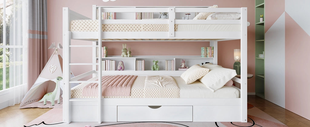 DESMIU Letto a castello 90 × 200 cm 2 posti con vani laterali e cassetto, senza materasso, bianco