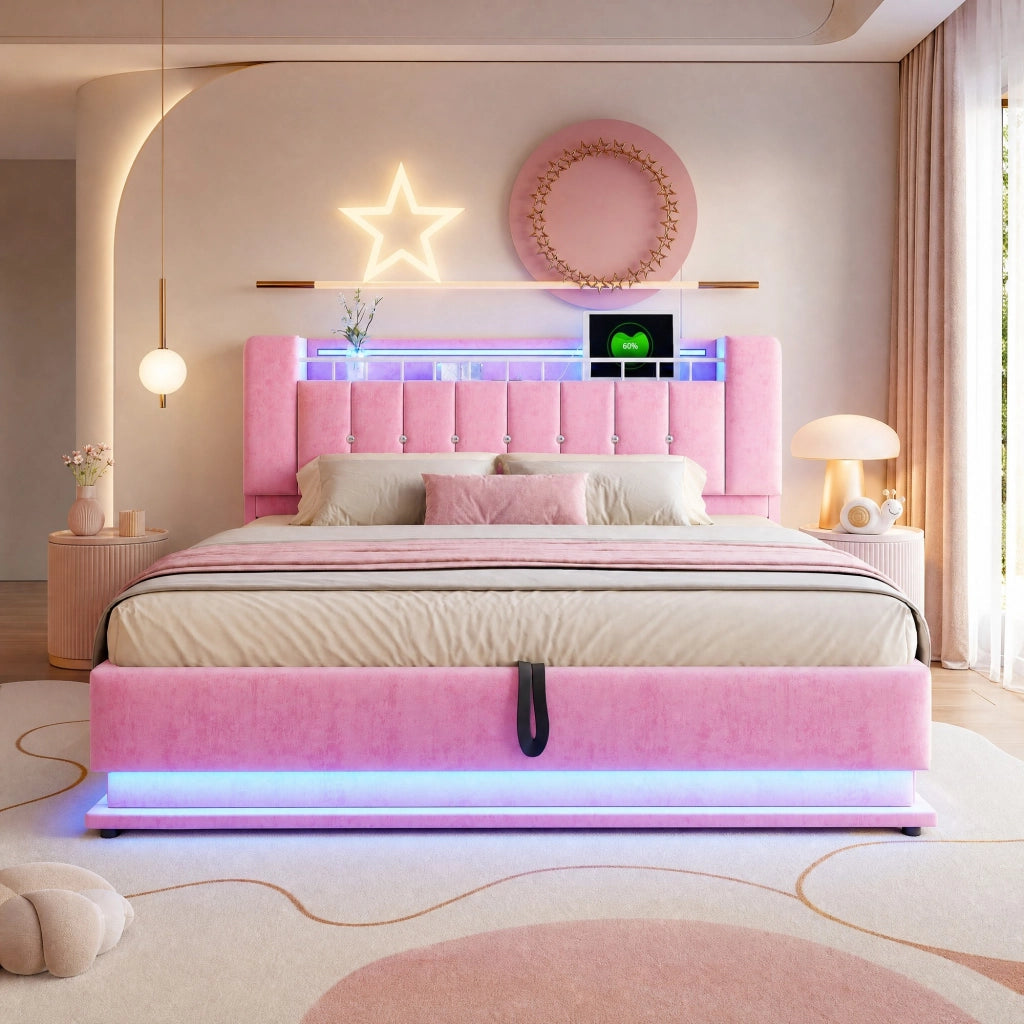 Letto imbottito matrimoniale 180x200 cm con LED, USB e contenitore, rosa