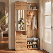 Mobile da ingresso con armadio con specchio, panca portascarpe, cassetti e ganci, in MDF naturale