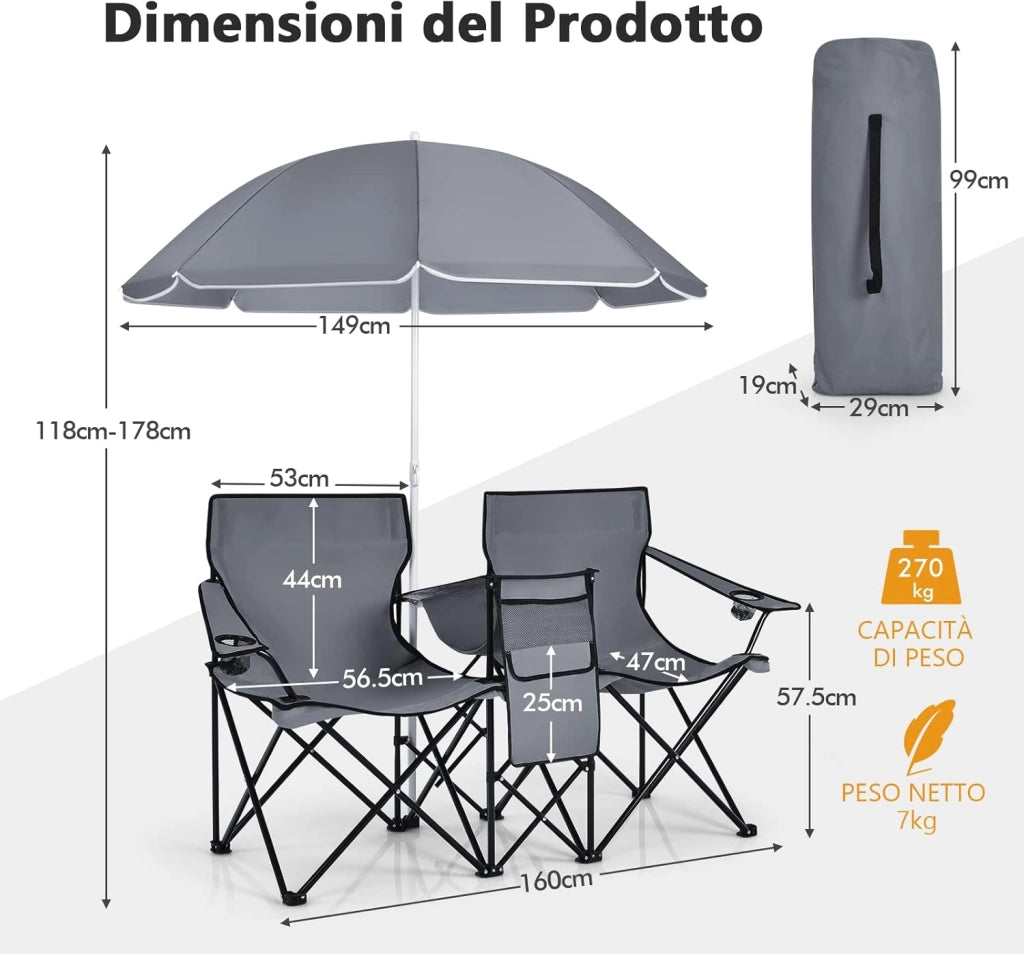 Set di 2 Sedie da Campeggio Pieghevoli, con Ombrellone e Tavolino Contenitore, Resistente e Leggero, Capacità 113 kg (grigio)