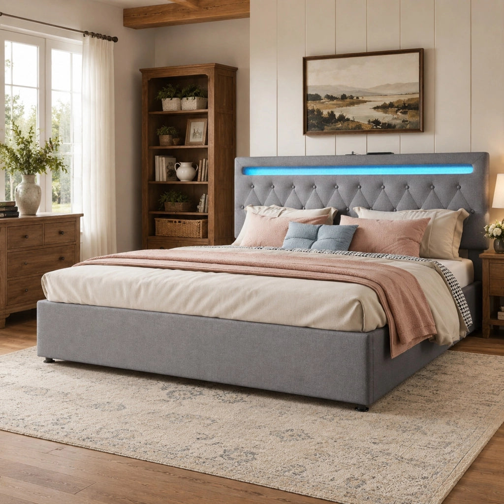 LETTO imbottito 180x200 cm con alzata idraulica, LED e USB, grigio