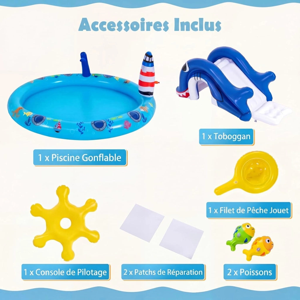 Piscina Gonfiabile Bambini, Parco Giochi Acquatico a Tema Marino con Scivolo, Irrigatore, Timone, 2 Pesci Giocattolo, Retino e 2 Toppe di Riparazione per Bambini 2-6 Anni, 188 X 153 X 63 CM