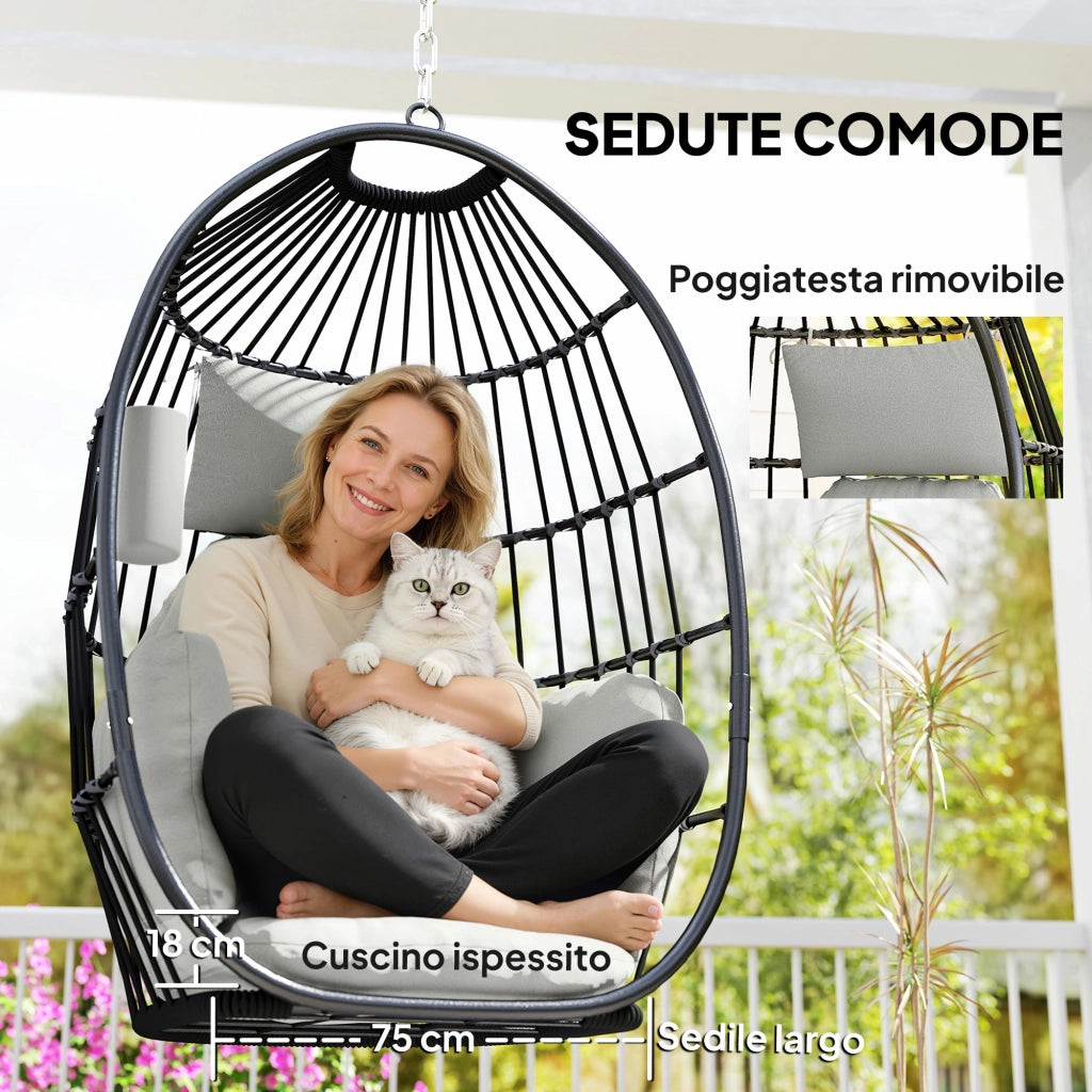 Poltrona Sospesa a Uovo con Cuscino e Poggiatesta ¨C Xylo ¨C Acciaio Grigio 75x62x107 cm