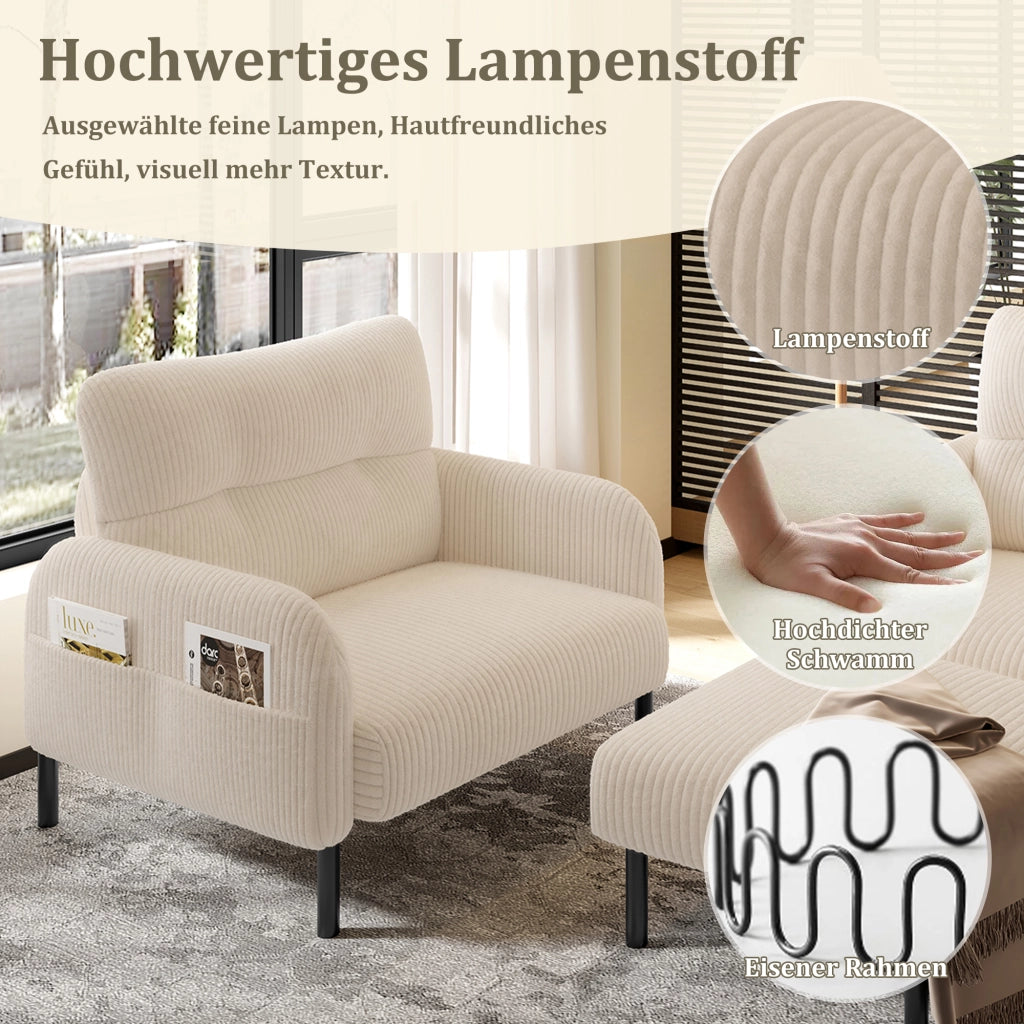 Set di Mobili da Soggiorno con Divano 2 Posti; Poltrona e Pouf Poggiapiedi; con Tasca Laterale; Velluto a Coste; Beige