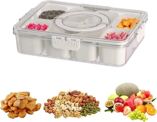Cassetta di conservazione snack - Piatto di snack rotondo con coperchio - Cassa per frutta essiccata - Tavoliere per snack per noci, caramelle e verdure (8 contenitori)