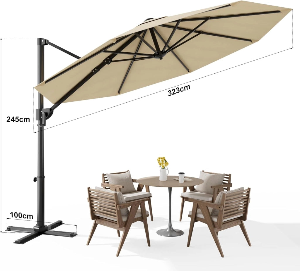 Ombrellone da Giardino Grande 330 cm, Ombrellone da Spiaggia e Giardino con Struttura Rinforzata, Manovella a 360°, Copertura Antivento 7x, Protezione UV 30+