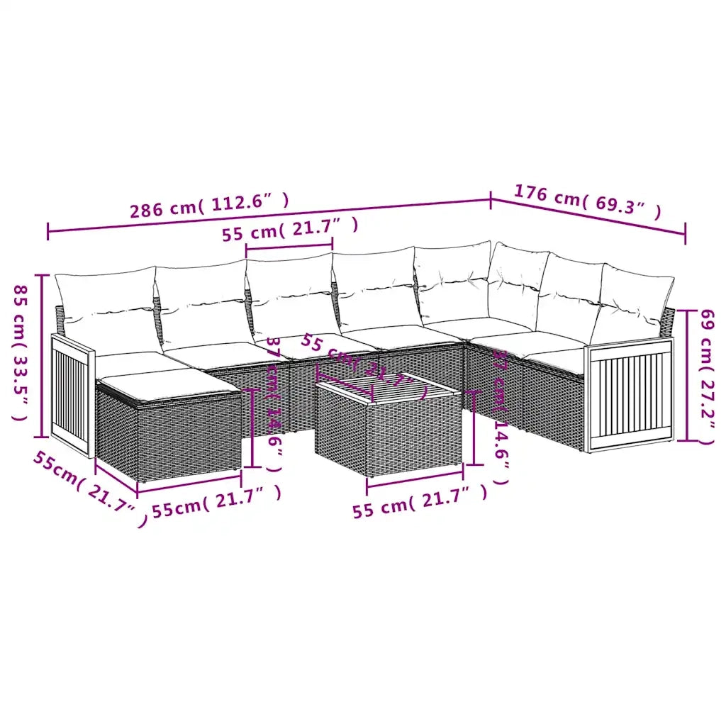 Set Divani da Giardino 9 pz con Cuscini Nero in Polyrattan 3227933