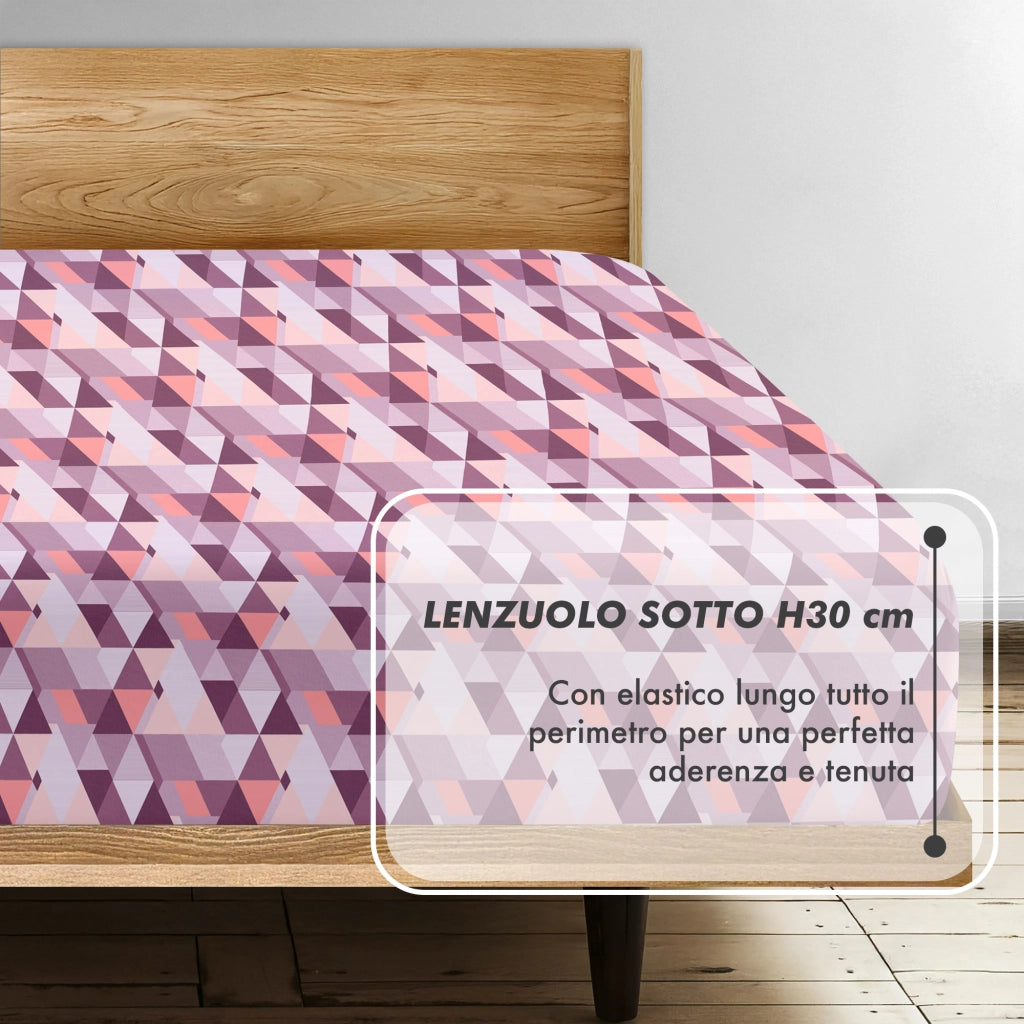 Completo Letto Matrimoniale No Stiro Set Lenzuola In Morbida Microfibra Anallergica Lenzuolo Sotto Con Angoli Elastici Fino 30 Cm, Lenzuolo Teso Sopra 2 Federe Prodotto Italiano  Triangolini