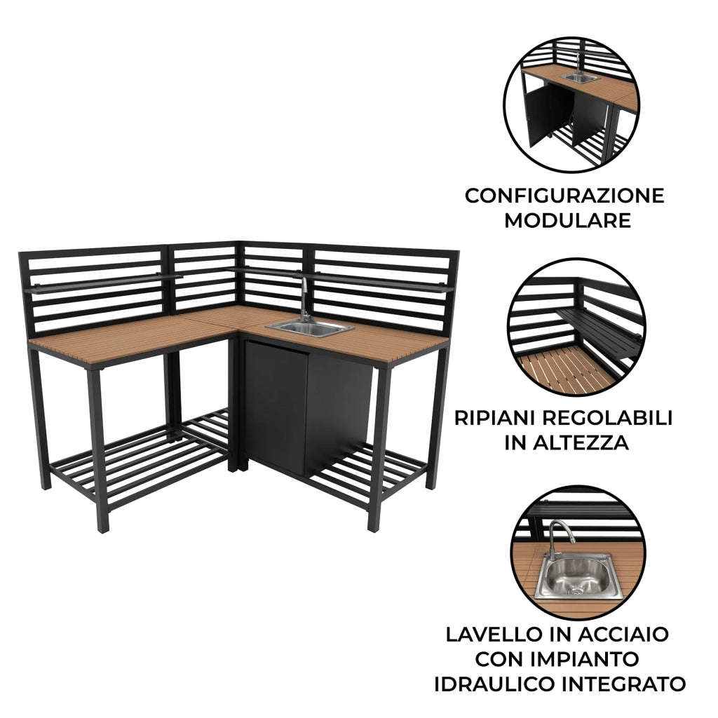 Cucina da Esterno 3 Pezzi con Lavello Modulare Angolare Alluminio Legno