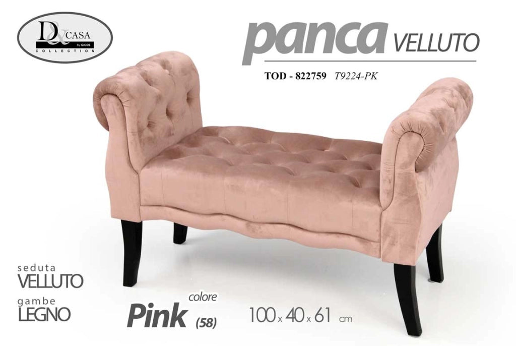 Panca in velluto rosa gambe in legno  retro