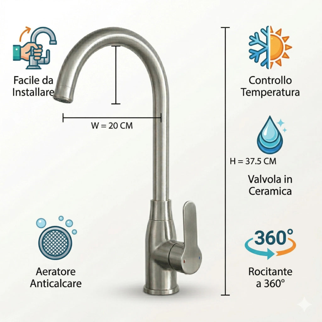 RUBINETTO MISCELATORE CUCINA MONOCOMANDO LAVANDINO CROMATO COLLO ALTO S9002