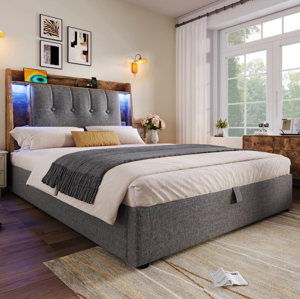 Letto imbottito 90x200 cm grigio con LED, USB-C e vano contenitore
