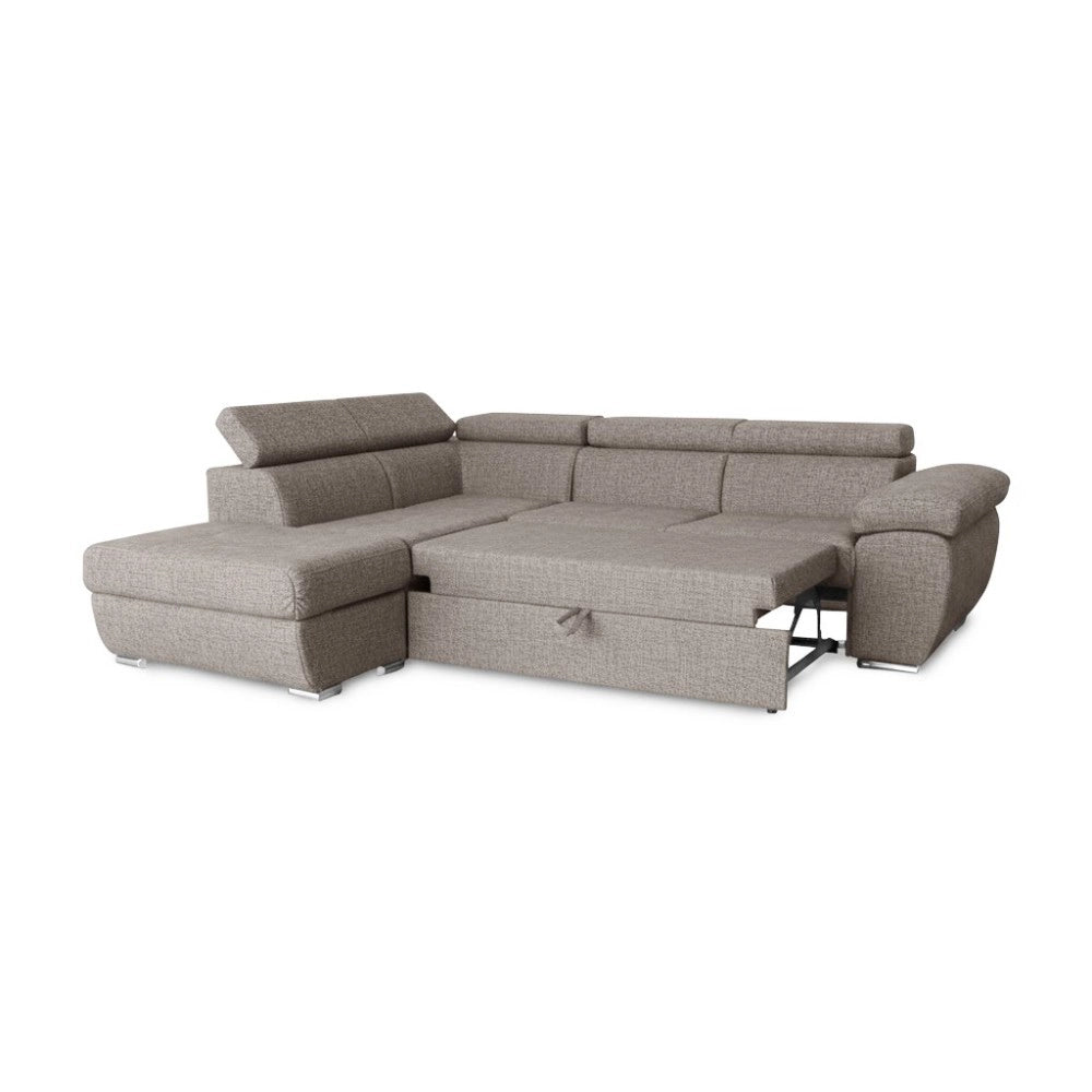 Divano Letto Angolare Fiona con Penisola Sinistra e Pouf Contenitore – Tortora
