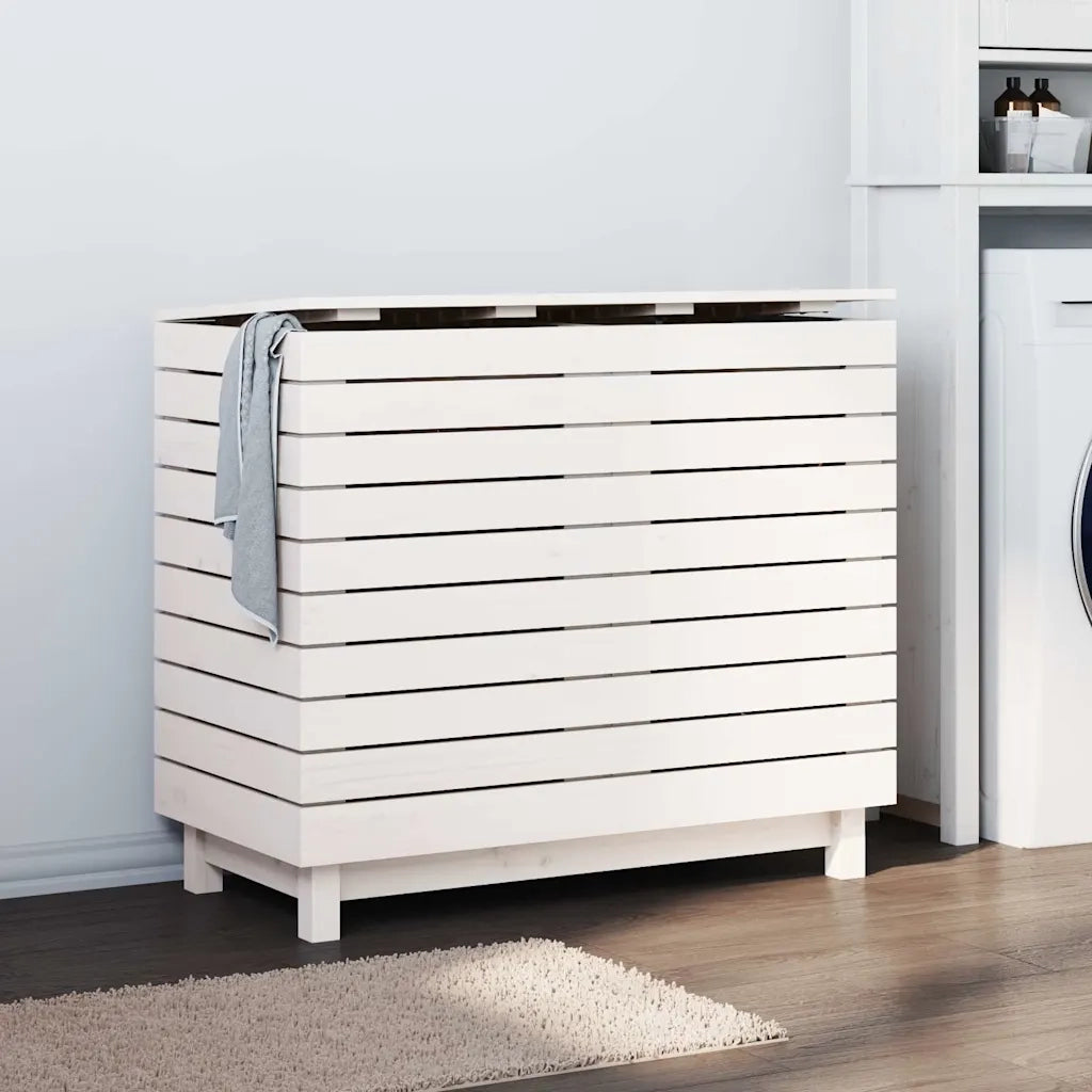 Cesto per Bucato Bianco 88,5x44x76 cm Legno Massello Pino 832324