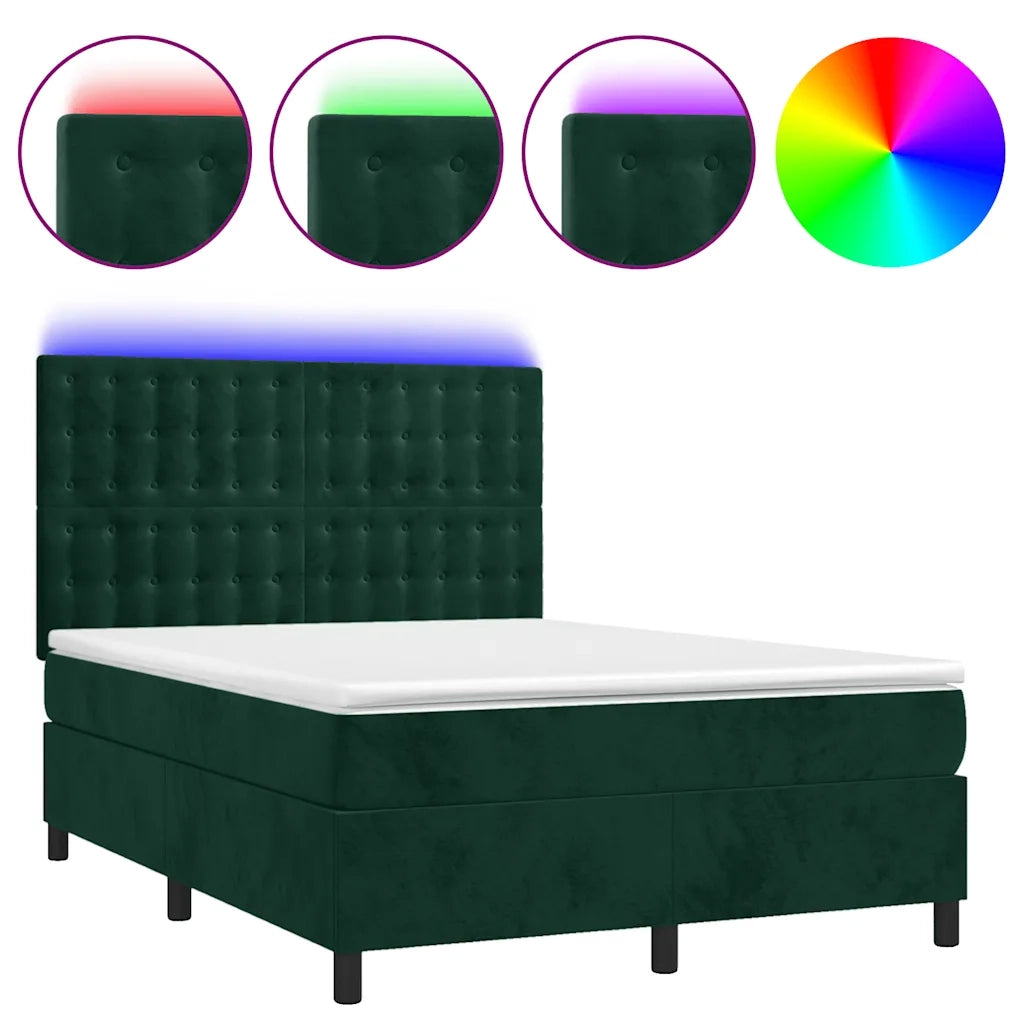 Letto a Molle con Materasso e LED Verde Scuro 140x190cm Velluto 3136362