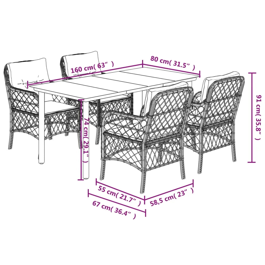 Set da Pranzo da Giardino 5 pz Nero con Cuscini in Polyrattan 3212106