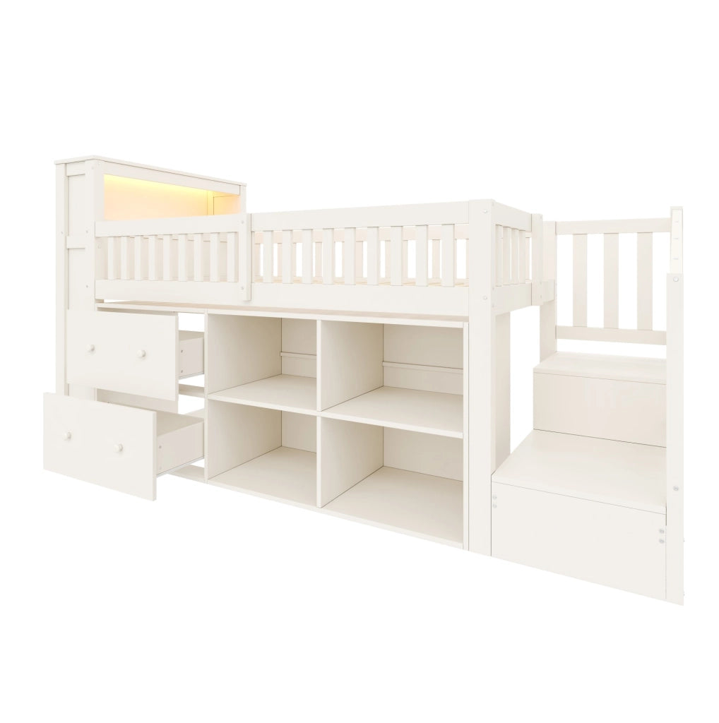 Letto a soppalco 90x200 cm con scala; contenitori; USB e LED; bianco