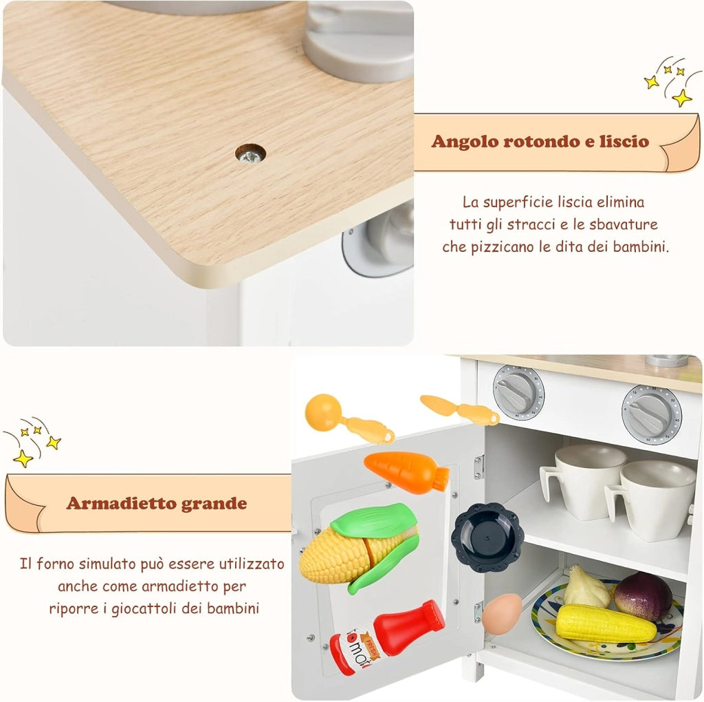 Cucina Giocattolo per Bambini, Cucina per Bambini in Legno con Forno, Microonde, Lavello e Rubinetto, con Accessori, Pentole e Utensili per Cucinare, per bambini 3+ Anni