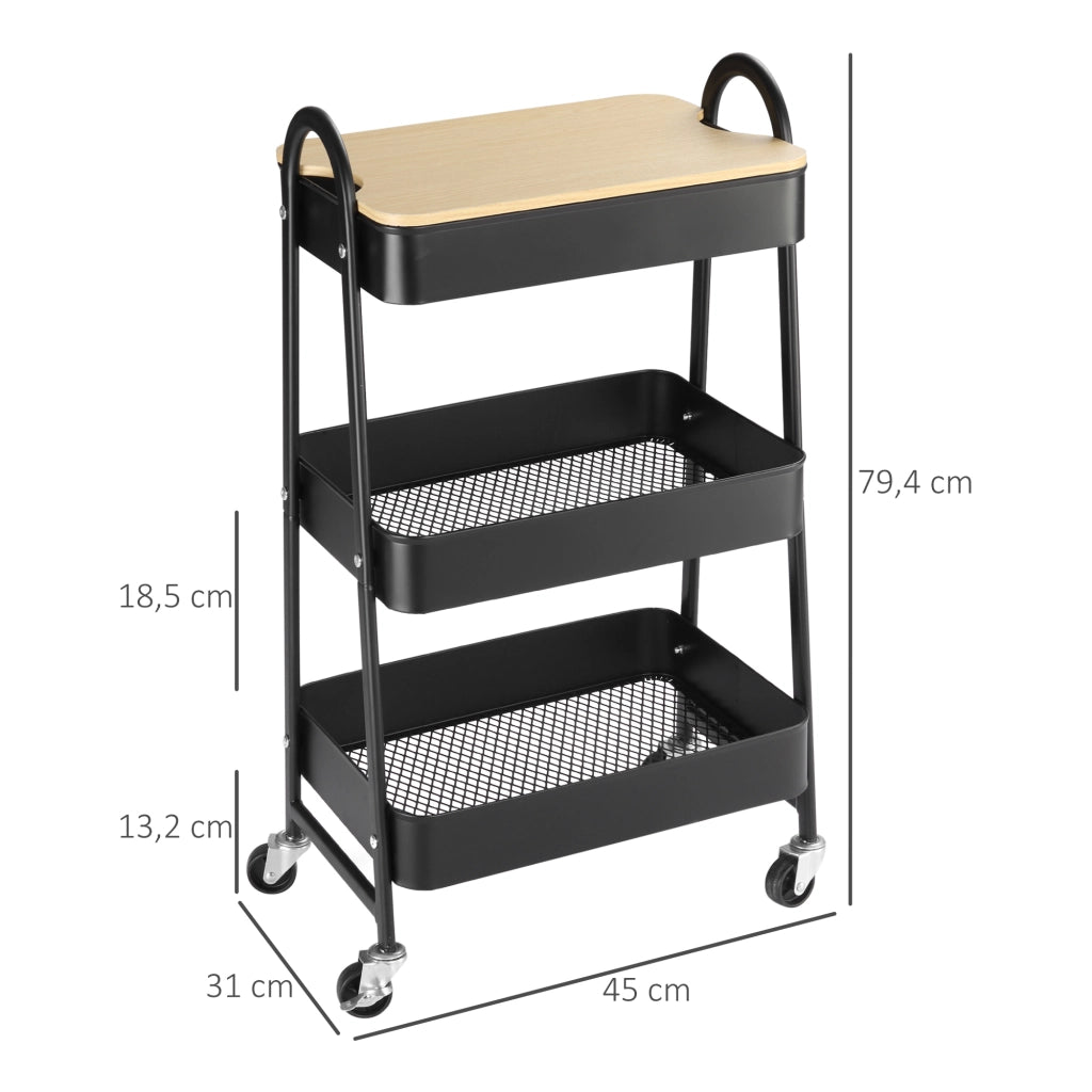 Carrello da cucina con 3 cestini in acciaio e ripiano ¨C zephmum ¨C 45x31x79,4 cm nero