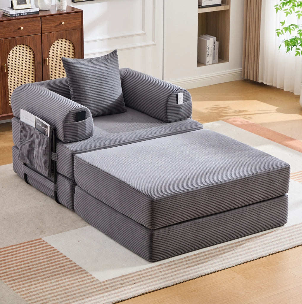 Divano modulare in velluto a coste grigio scuro 112x190x67 cm con pouf e tasca laterale