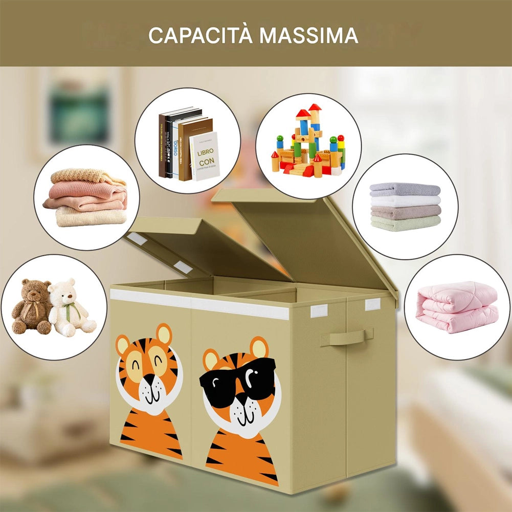 Box Contenitore Giocattoli con Animali Doppio Pieghevole 80L Beige Salvaspazio