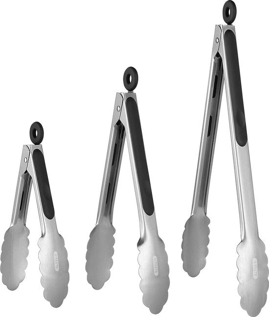 Tangia in acciaio inossidabile per cucina: maniglia con presa antiscivolo in silicone e chiusura liscia, estremità metalliche robuste, set da 3 pezzi, colore nero