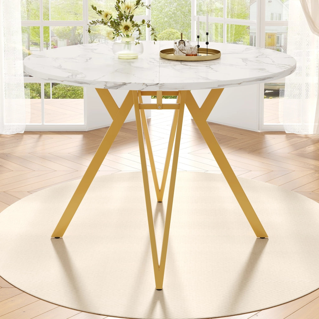 Tavolo da pranzo rotondo con piano in MDF effetto marmo e base in metallo, per sala da pranzo, oro 100 × 100 × 76 cm