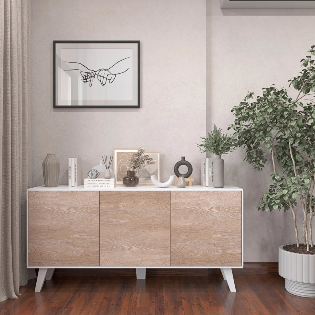Credenza Mobile Mobiletto Soggiorno Salotto Ingresso Sala da Pranzo 3 Ante 154 x 41 x 75 cm Colore Bianco Lucido Rovere Chiaro