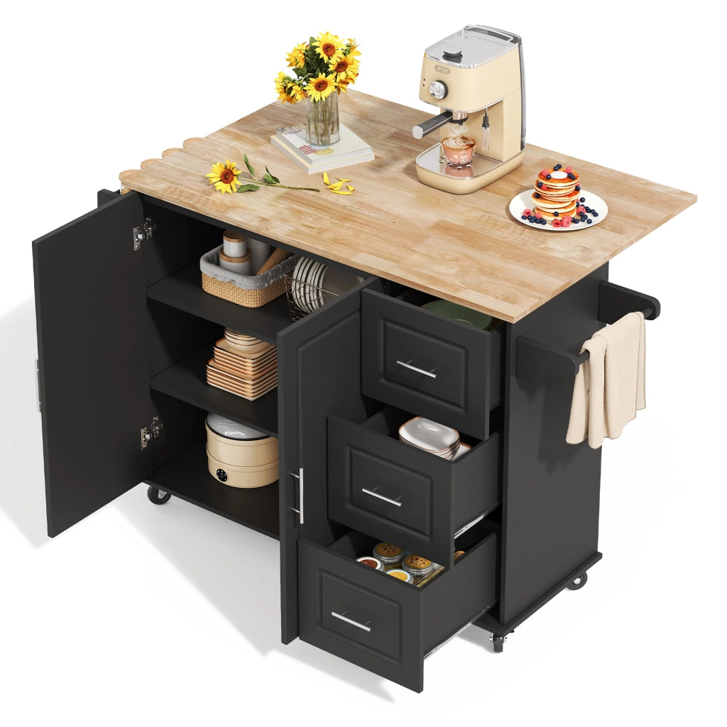 Isola da cucina mobile pieghevole con piano in effetto rovere, 3 cassetti, armadio a 2 ante e porta asciugamani, nero