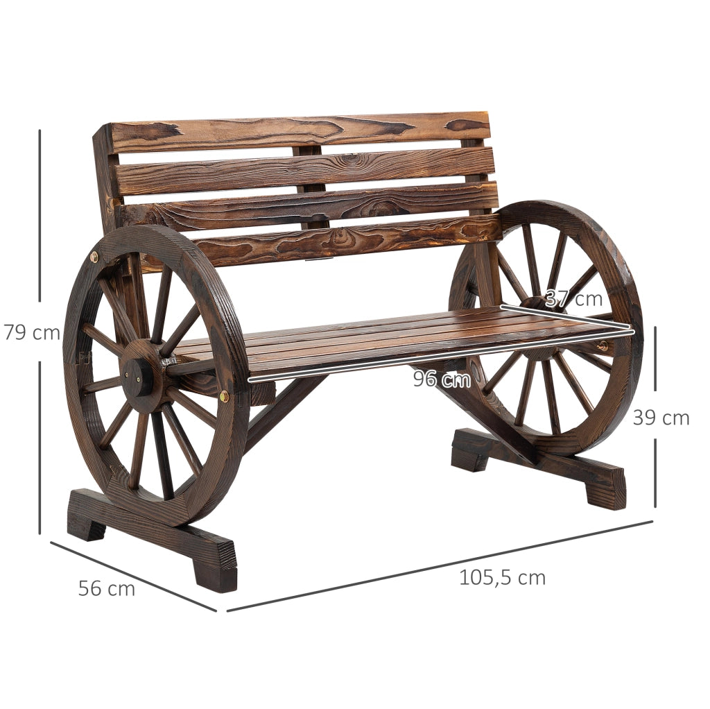 Panca da giardino rustica a 2 posti con braccioli a ruota; in legno massello di abete; marrone