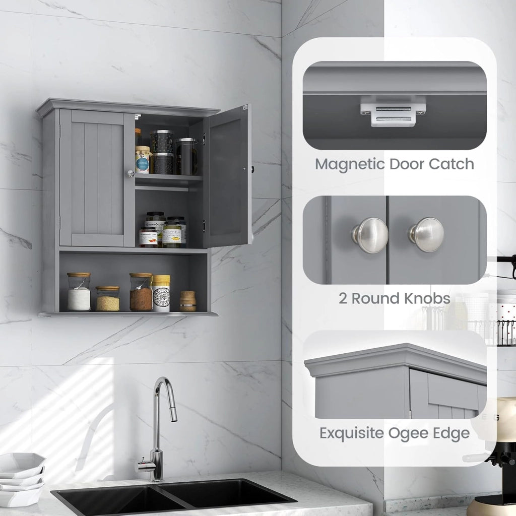 Armadio da Bagno Sospeso, con Ripiano Aperto, Armadio da Bagno con Ante e Mensola Regolabile, Pensile per Camera, Cucina, 60 x 19 x 71 cm
